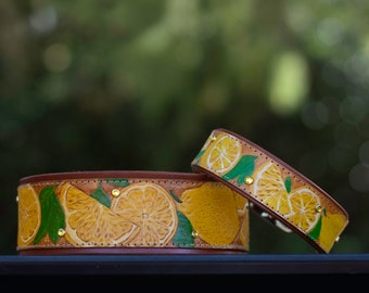 Lemon tooled leather dog collar - custom made and hand crafted for all sized pets