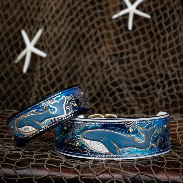 Whimsical Blue Whale Leather Dog Collar - Custom Made for pets of all sizes. Hand-tooled nautical design for ocean lovers.