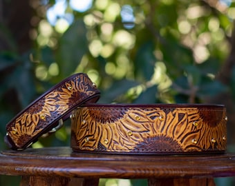 Sunflower Dog Collar - Tooled Leather and Custom Made for Pets of all sizes. Floral pattern with gold sunflowers and genuine crystals.