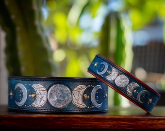 Moon Phase Leather Dog Collar - Ready to Ship!