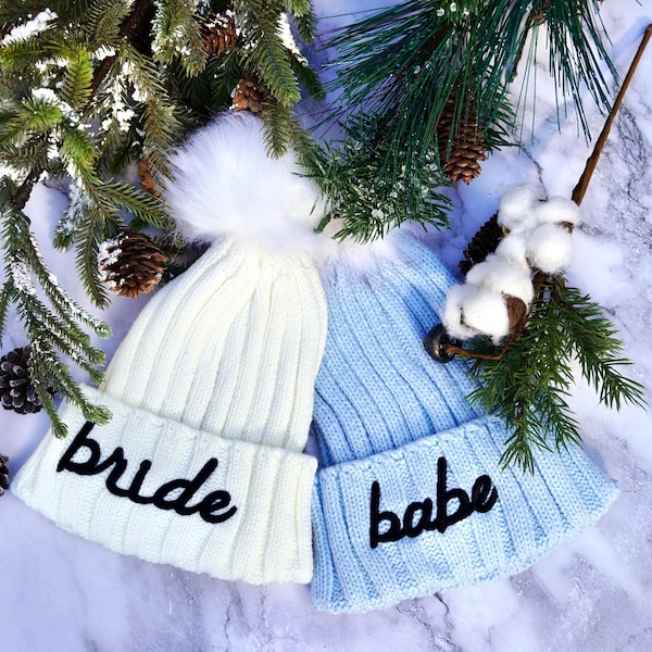 White Bride and Blue Bridesmaids Beanies, Apres Ski Bachelorette Winter Hats, Mountain Winter Bach Party Favors, Aspen, Vail, Breckinridge