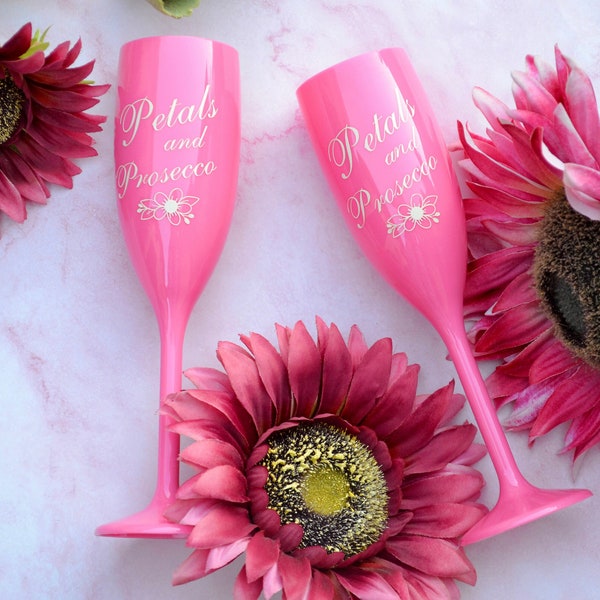 Petals and Prosecco Pink Bridal Shower Champagne Flutes, , Pink Bridal Brunch and Bubbly, Pj's and Prosecco Cups, Floral Bridal Shower Decor