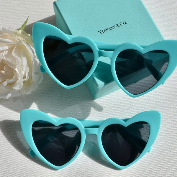 Aqua Tiff Blue Heart Shaped Sunglasses, Bride and Co, Breakfast at Tiffany's Bridal Shower Favors, Audrey Hepburn Party, Baby and Co