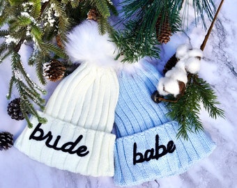 White Bride and Blue Bridesmaids Beanies, Apres Ski Bachelorette Winter Hats, Mountain Winter Bach Party Favors, Aspen, Vail, Breckinridge