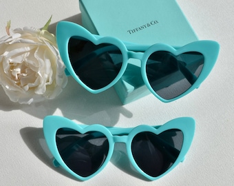 Aqua Tiff Blue Heart Shaped Sunglasses, Bride and Co, Breakfast at Tiffany's Bridal Shower Favors, Audrey Hepburn Party, Baby and Co