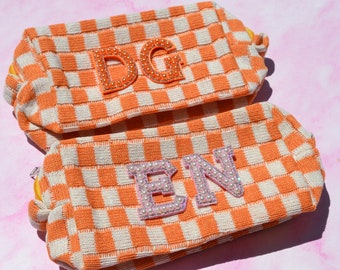 Custom Orange Checkered Makeup Bag, Veuve before Vows, Veuve Bachelorette Favors, Aperol Spritz Bach, Tequila Sunrise Bach Cosmetic Bag