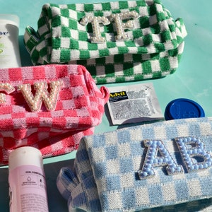 Custom Checkered Makeup Bag, Retro Bachelorette Party Favors, Bridesmaids Proposal Toiletry bag, Pink Blue Green Cosmetic Bag, Zipper Pouch image 4