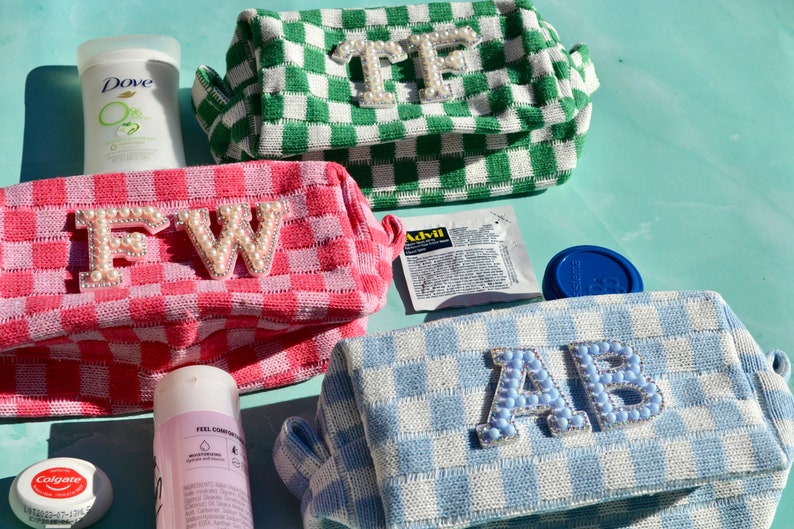 Custom Checkered Makeup Bag, Retro Bachelorette Party Favors, Bridesmaids Proposal Toiletry bag, Pink Blue Green Cosmetic Bag, Zipper Pouch image 4