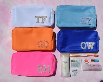 Custom Makeup Bag, Bridesmaids Proposal Gift, Nylon Cosmetic Bag, Initial Bag, White Orange Pink Blue Toiletry Bag, Waterproof Cosmetic Bag
