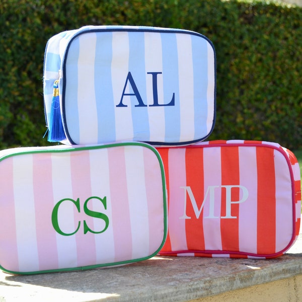 Custom Monogram Makeup Bag, Striped Cosmetic Bag, Preppy Toiletry Bag, Pink Red Green Blue Bridesmaids Proposal Gifts, Bachelorette Favors