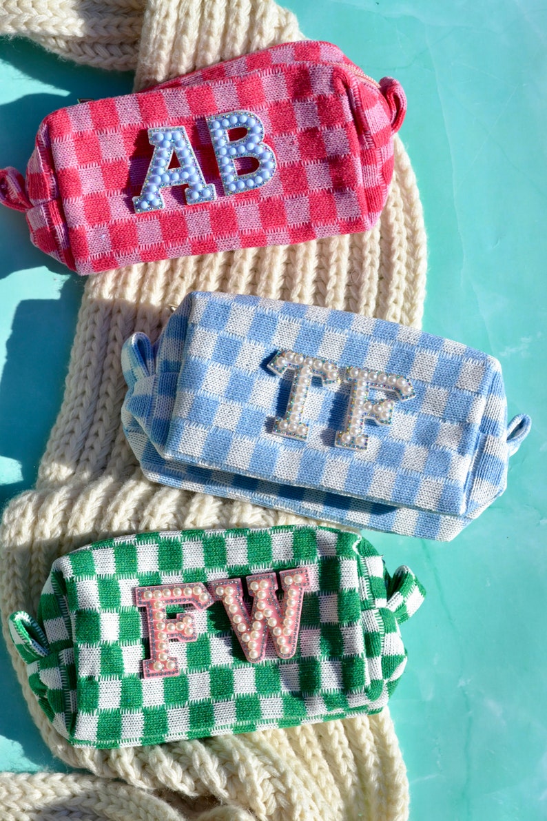 Custom Checkered Makeup Bag, Retro Bachelorette Party Favors, Bridesmaids Proposal Toiletry bag, Pink Blue Green Cosmetic Bag, Zipper Pouch image 3