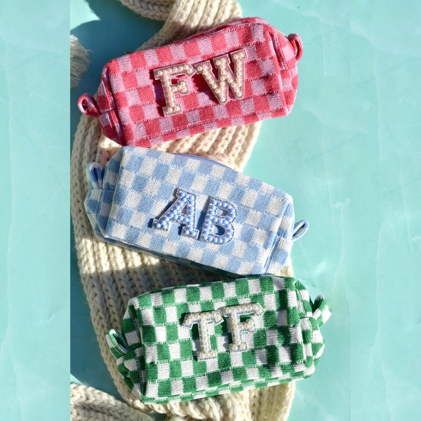 Custom Checkered Makeup Bag, Retro Bachelorette Party Favors, Bridesmaids Proposal Toiletry bag, Pink Blue Green Cosmetic Bag, Zipper Pouch