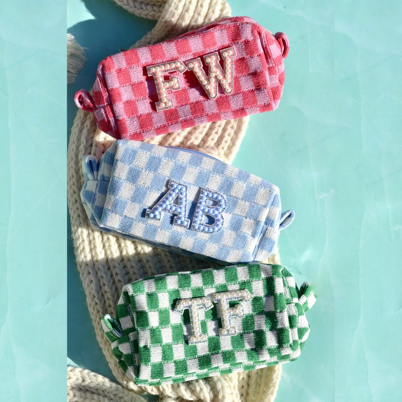Custom Checkered Makeup Bag, Retro Bachelorette Party Favors, Bridesmaids Proposal Toiletry bag, Pink Blue Green Cosmetic Bag, Zipper Pouch image 1