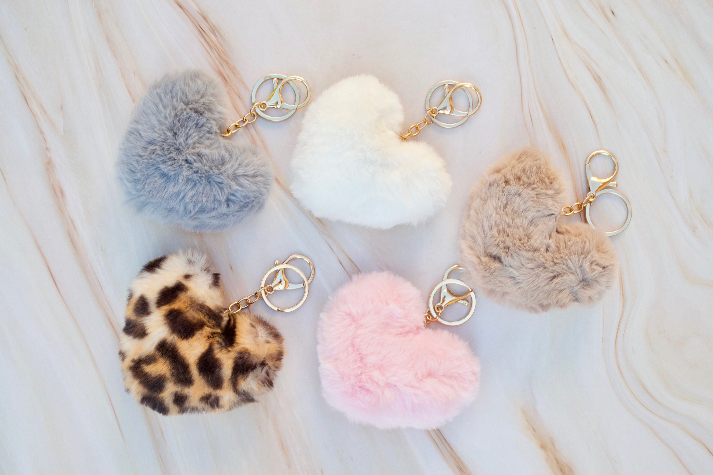 Pom Pom Keychain Leopard Print Key Ring Fluffy Faux Fur Heart Cute Handbag  Accessorie Gift Vintage Fashion