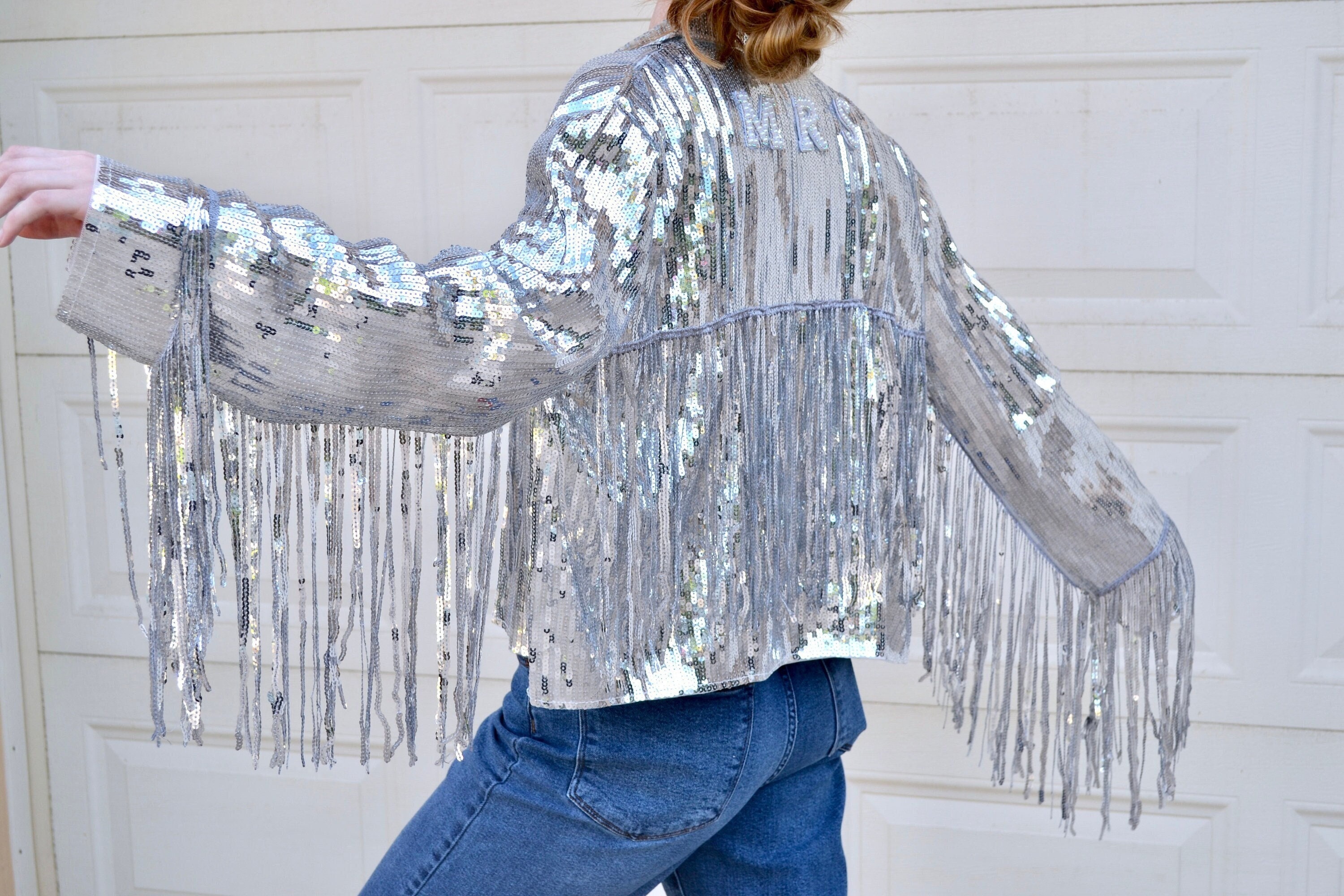 Silver sequin shop fringe jacket