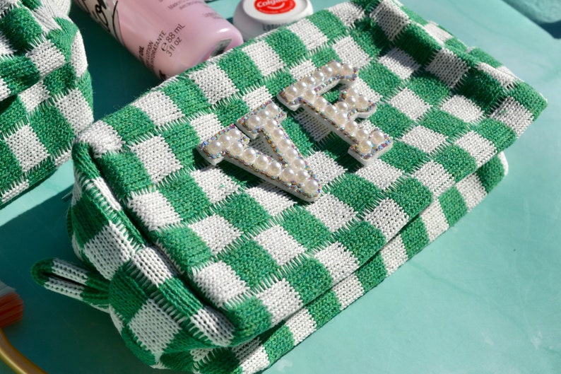 Custom Checkered Makeup Bag, Retro Bachelorette Party Favors, Bridesmaids Proposal Toiletry bag, Pink Blue Green Cosmetic Bag, Zipper Pouch image 9