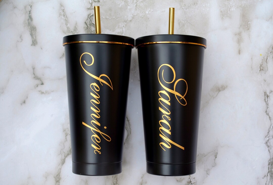 Custom Black and Gold Tumbler With Lid and Straw, Bridesmaid Proposal Gift, Personalized Best