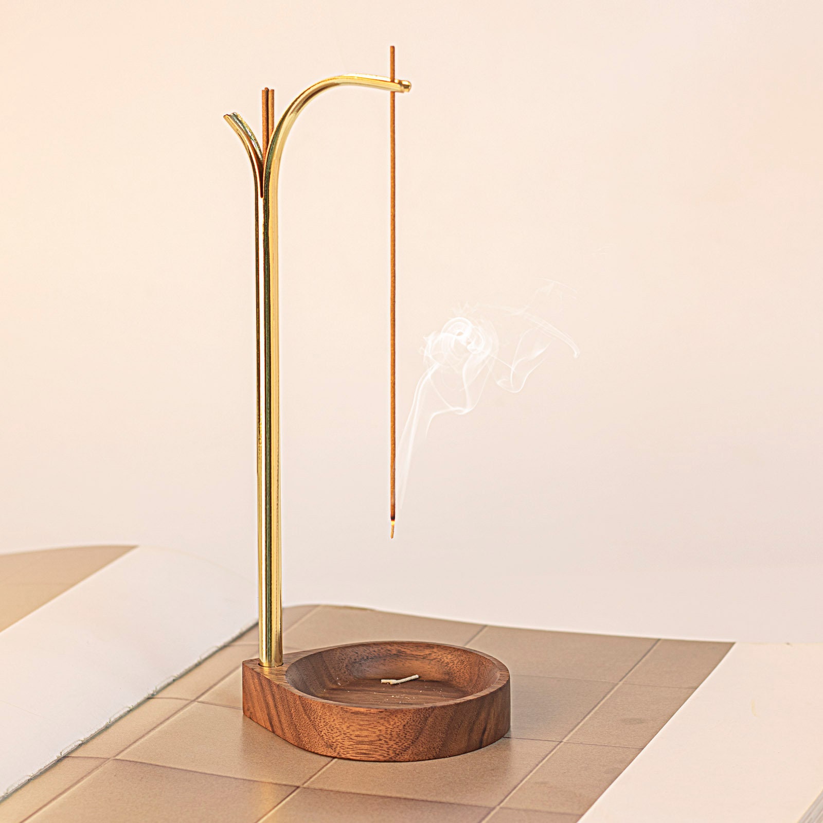 【新品未使用品】BRASS INCENSE STAND Minimalist Incense Holder, Incense Burner, Wooden Incense