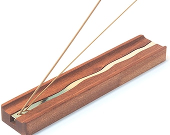Wood Incense Holder, Brass Inlay Ash Catcher, Meditation Room Decor, Zen Gift