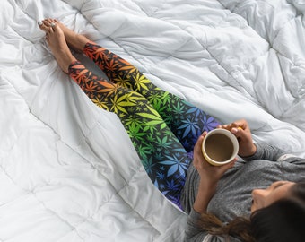 Rainbow Pot Leaf Leggings | Marijuana Clothing for Women | Stoner Yoga Wear | LGBT Pride Yoga Pants | Stoner Gift