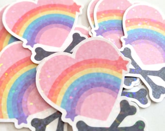 Holographic Pastel Rainbow Heart Stickers. Holo Stickers, Pastel Rainbow stickers, Rainbow stickers, Pastel stickers, Heart and Crossbones