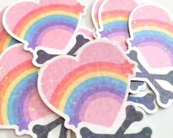 Holographic Pastel Rainbow Heart & Crossbones Sticker