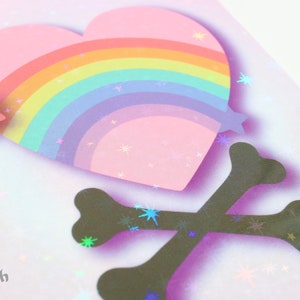 Cartes postales en pastel de coeur d'arc-en-ciel. Cartes postales holographiques de coeur. Cartes de vœux Rainbow Pirate avec feuille holographique. Cartes postales irisées.