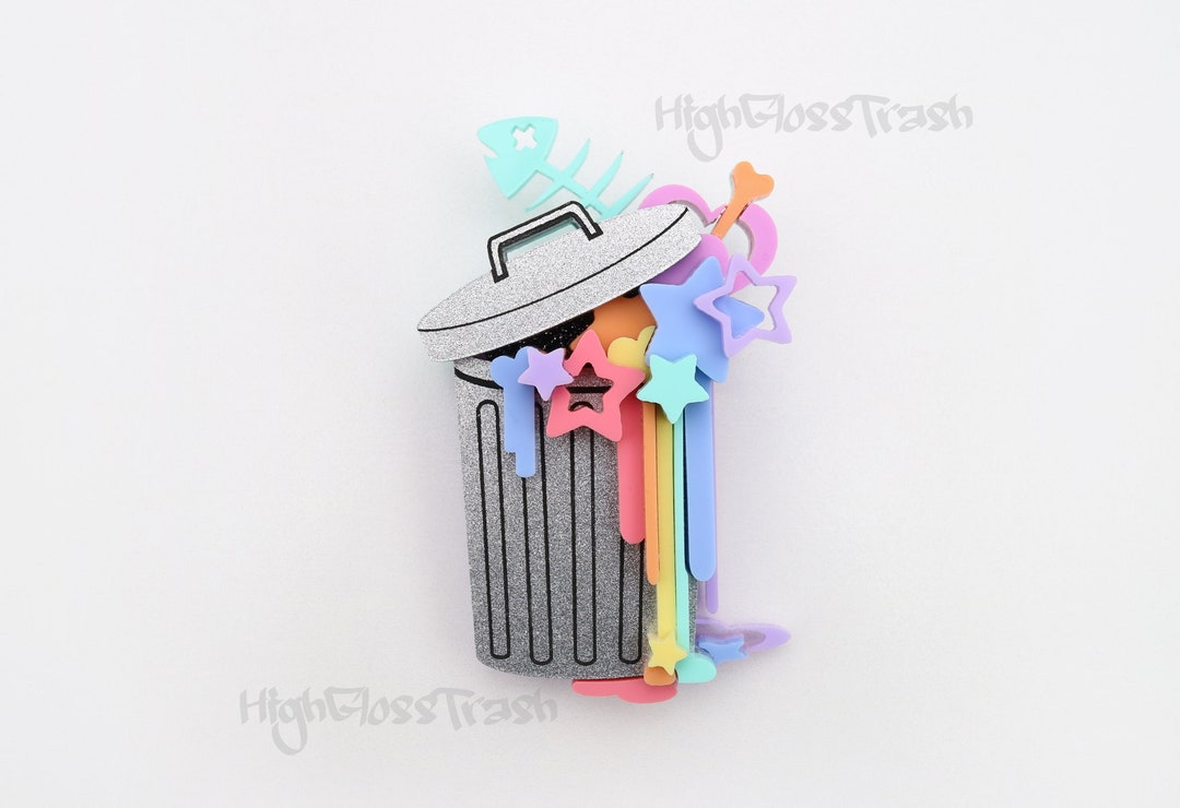 Silver and Pastel Trash Can Acrylic Brooch. Pastel Rainbow Etsy