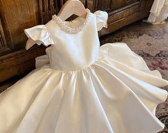 Pearls Neckline Baby Girl Dress, Ivory Dress, Wedding Flower Girl Dress, Puffy Sleeve Dress, Birthday Dress Toddle Dress Kids Dress