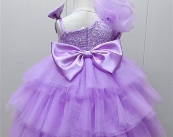 Purple Layered Tulle Princess Dress Flowers Baby Girl Dress One-shoulder Wedding Flower Girl Dress, Sequined Toddler Infant Dress,Gift