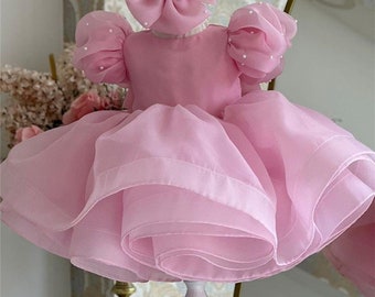 Puffy Organza Dress Pink Baby Girl Dress Pearls Wedding Flower Girl Dress Tutu Dress,Toddler Infant Dress,Birthday Gown Bubble Sleeve