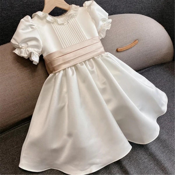 Vintage French Bud Sleeves Dress Baby Girl Dress, Satin Flower Girl Dress for Wedding, Satin Dress with Bow Dress Piano Dress Toddler Dress