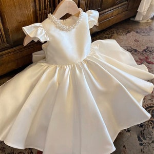 Pearls Neckline Baby Girl Dress, Ivory Dress, Wedding Flower Girl Dress, Puffy Sleeve Dress, Birthday Dress Toddle Dress Kids Dress