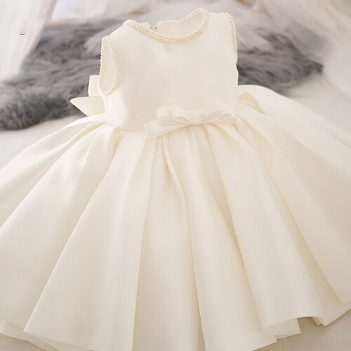 Pearls Neckline White Satin Dress Flower Girl Dress Pearls Etsy