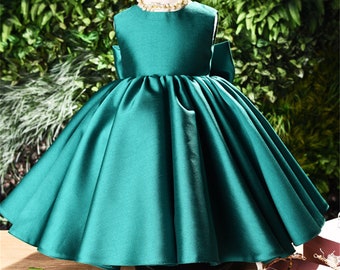 Robe en satin vert émeraude Fleur Fille Robe Satin Robe Bébé Filles Robes Toddler Fille Anniversaire Robe Occasion Tutu Robe de Fête