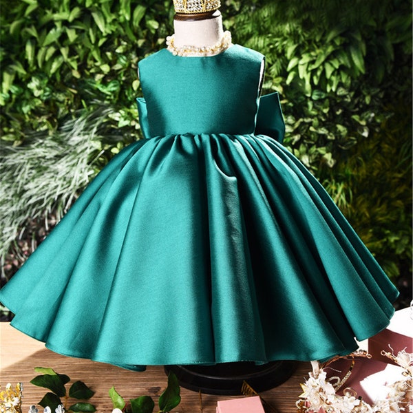 Emerald Green Satin Dress Flower Girl Dress Satin Dress Baby Girls Dresses Toddler Girl Birthday Gown Dress Occasion Tutu Party Dress