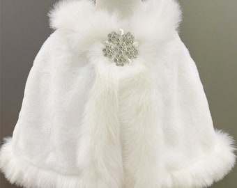 Ivory Kids Faux Fur Shrug for Wedding, Snowflake Crystal Pin Shrug, Flower Girl Fur Coat, Girls Winter Cape Wrap Costume Shawls Super Soft