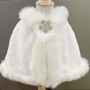 Ivory Kids Faux Fur Shrug for Wedding, Snowflake Crystal Pin Shrug, Flower Girl Fur Coat, Girls Winter Cape Wrap Costume Shawls Super Soft