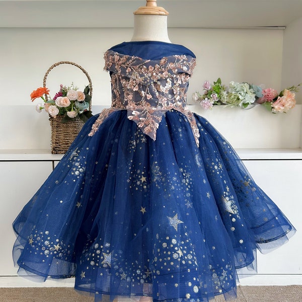 Long Navy Girls Dress with Beaded Lace Wedding Flower Girl Dress with Sequins Stars Tulle Dress Toddler Event Dress Navy Puffy Dress