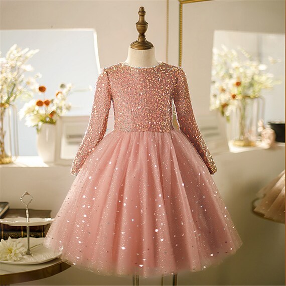 Moon Stars Sequined Dress With Long Sleeve Flower Girl Dress