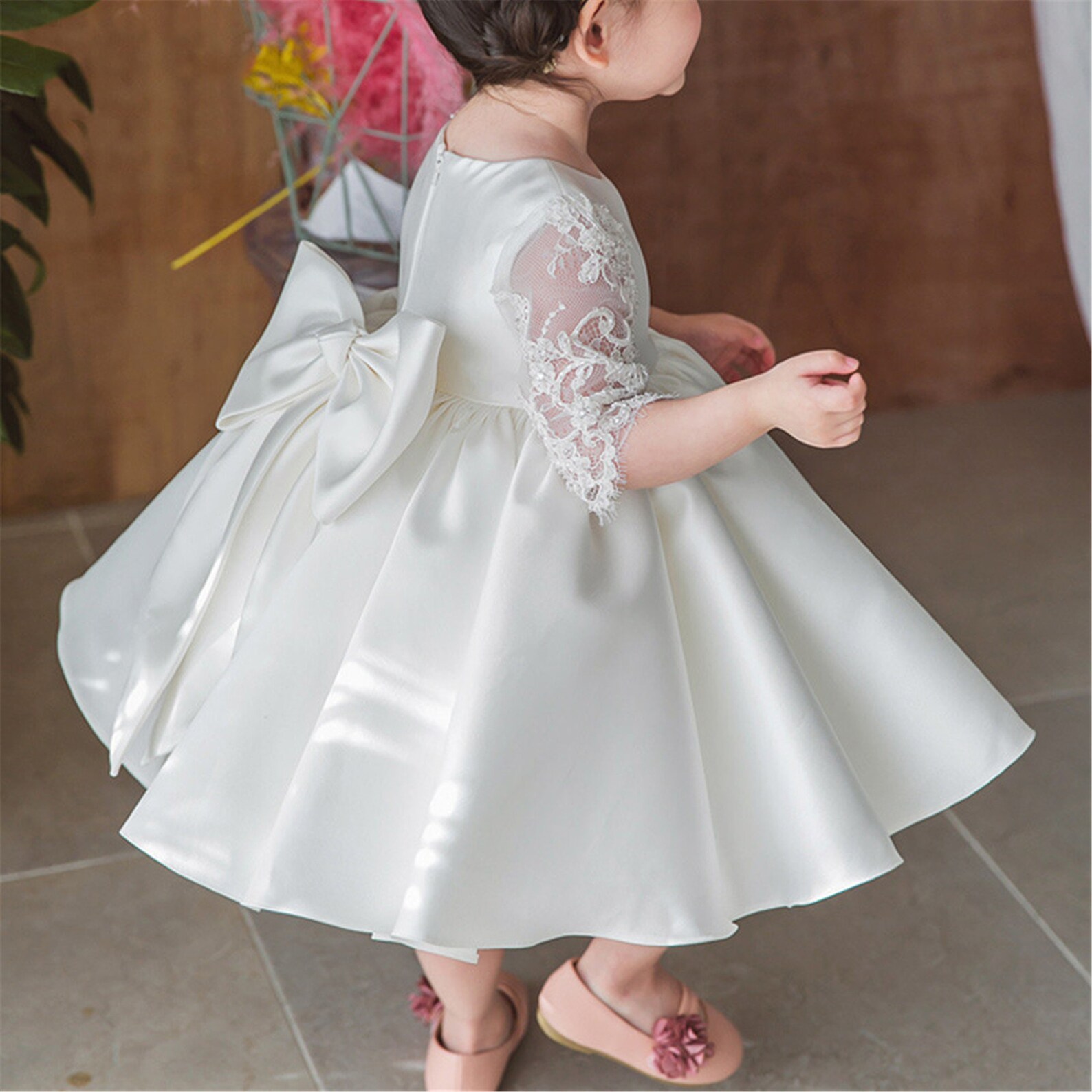 Lace Half Sleeve Flower Girl Dress Baby Girls Satin Dress Etsy