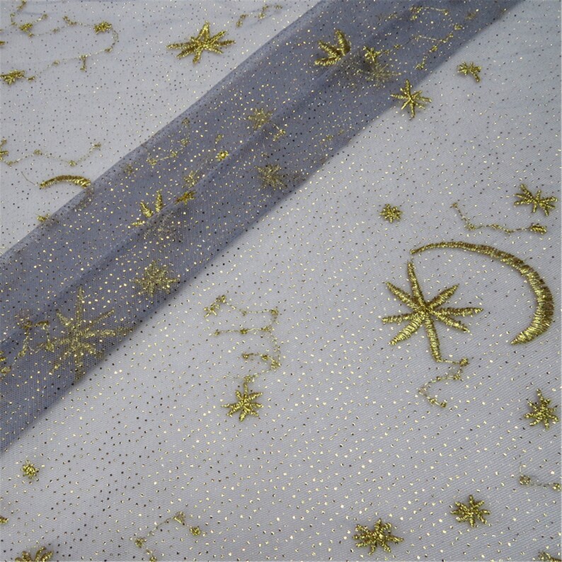 1 yard 50 width Super Beautiful gold glittering tulle moon and stars gold embroidery tulle fabric fashionable mesh fabric by the yard