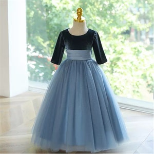 Blue Velvet+Tulle Baby Girls Dress Elegant Wedding Flower Girl Dress with Bow Tulle Dress Toddler Dress Event Dress Navy Dress with Sleeve