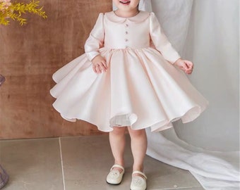 Light Pink/White Flower Girl Dress with Long Sleeves Satin Collared Dress with Buttons Baby Girls Toddler Gown Tutu Dress for Winter Wedding