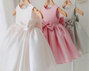 Vestidos de satén hinchados para niñas pequeñas, vestido de cumpleaños para niñas pequeñas, vestido de princesa con lazo, vestido de fiesta con tutú, vestidos de flores para niñas para boda