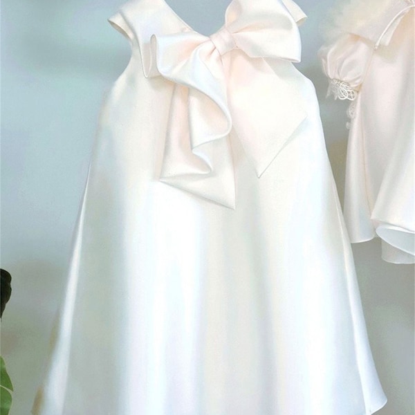 Simple Taffeta Baby Girl Dress with Bow, Wedding Flower Girl Dress White Satin, Toddler Baby Dress,1st Birthday Gown Christening Dress