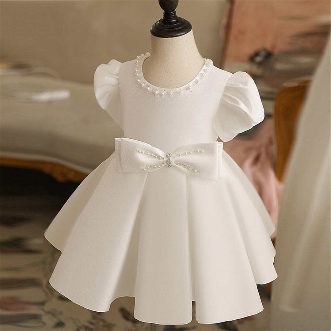 Baby Girl Dress, White Satin Dress, Toddler Girl Dress, Flower Girl Dress for Wedding, Pearls