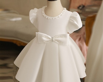 Baby Girl Dress, White Satin Dress, Toddler Girl Dress, Flower Girl Dress for Wedding, Pearls Dress, Beaded Dress, Dress with Bow