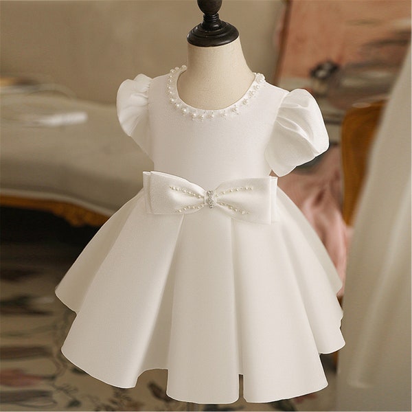 Baby Girl Dress, White Satin Dress, Toddler Girl Dress, Flower Girl Dress for Wedding, Pearls Dress, Beaded Dress, Dress with Bow
