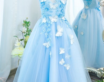 Robe en tulle bleue avec papillons Robe bébé fille Broderie Mariage Robe de demoiselle d'honneur longueur au sol, Robe pour tout-petits, Cadeau d'anniversaire